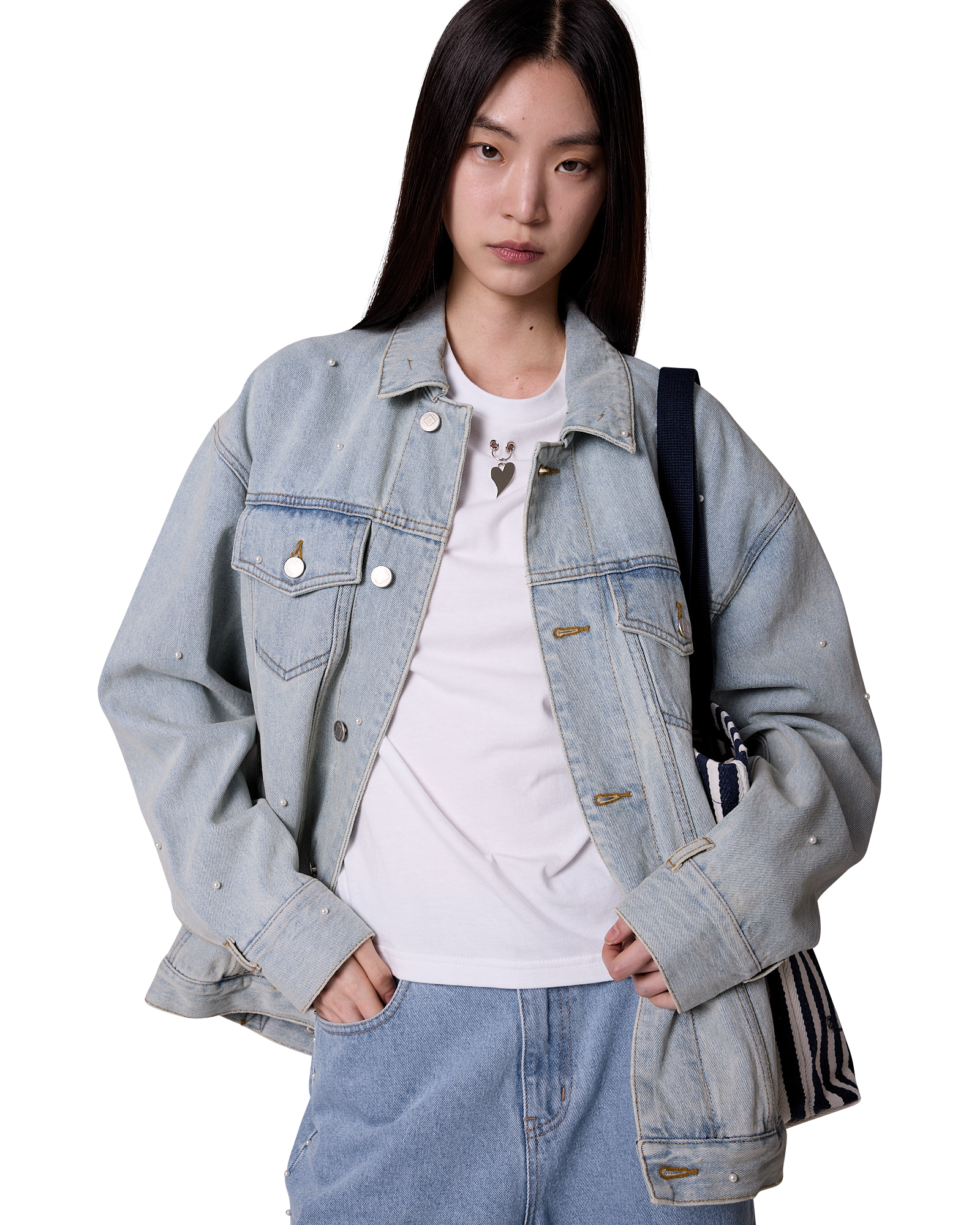 Pearl Embellished Denim Jacket (Sky Blue)