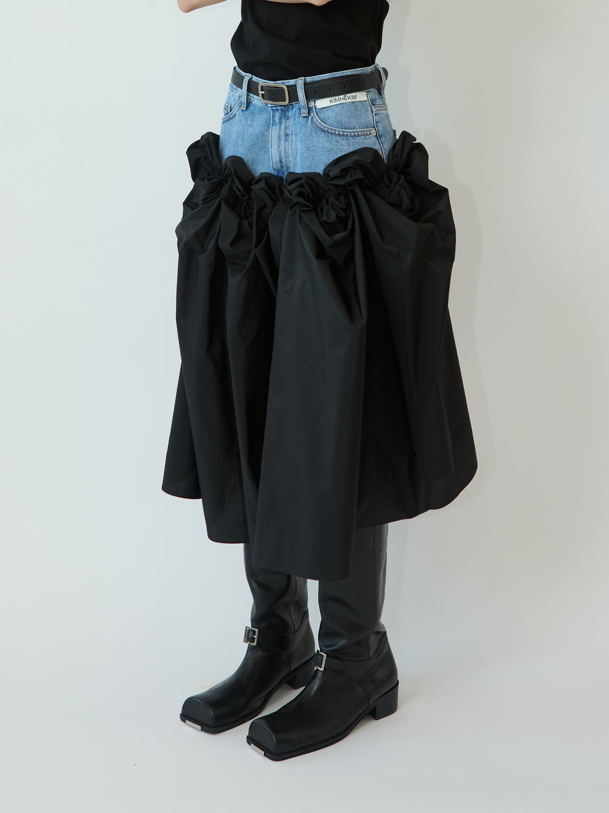 ROSIE NYLON LAYERED DENIM SKIRT (BLUE)