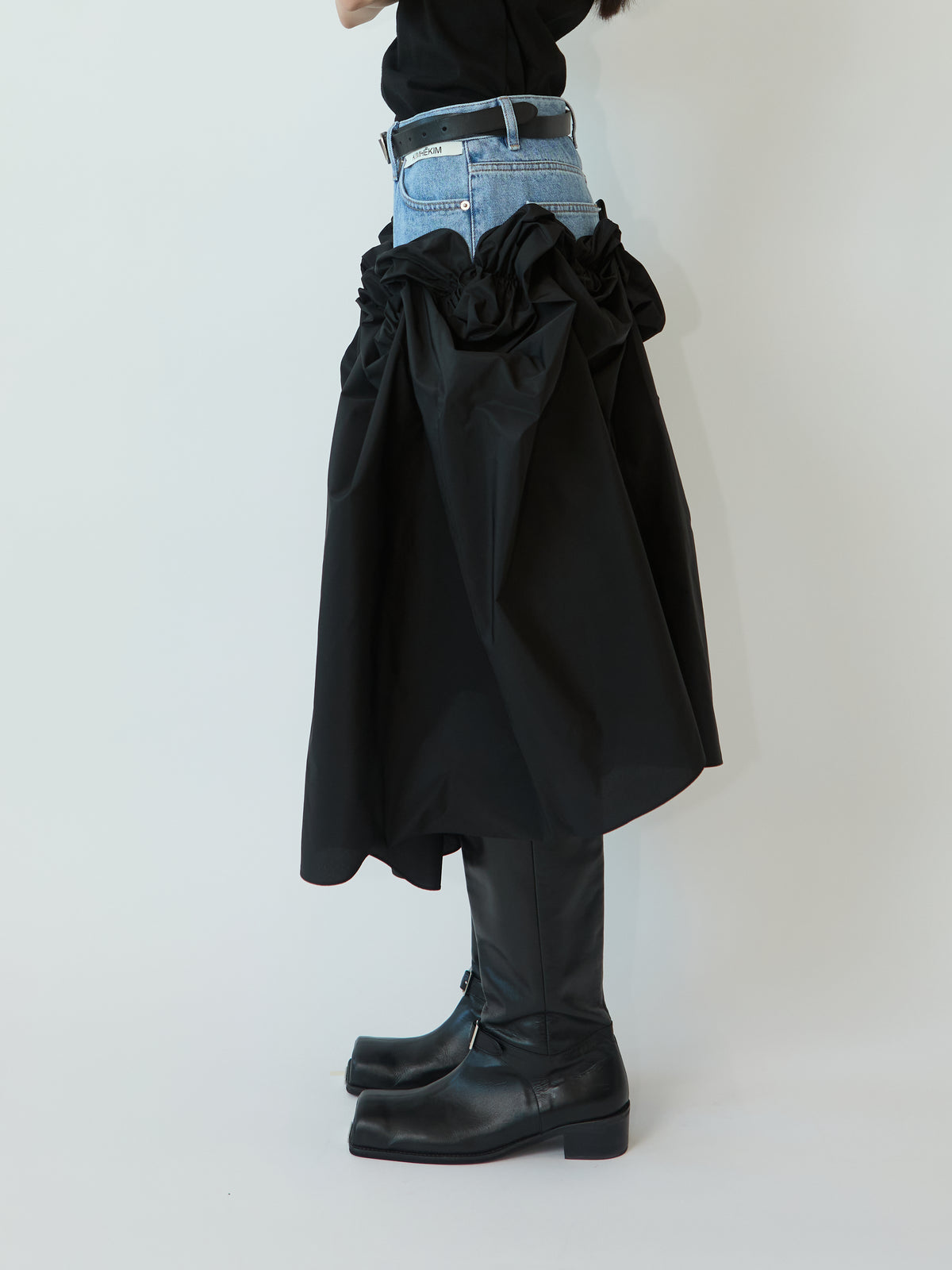 ROSIE NYLON LAYERED DENIM SKIRT (BLUE)