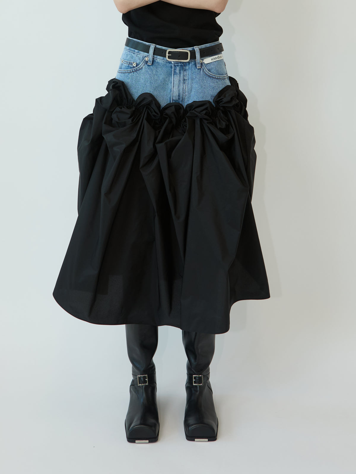 ROSIE NYLON LAYERED DENIM SKIRT (BLUE)
