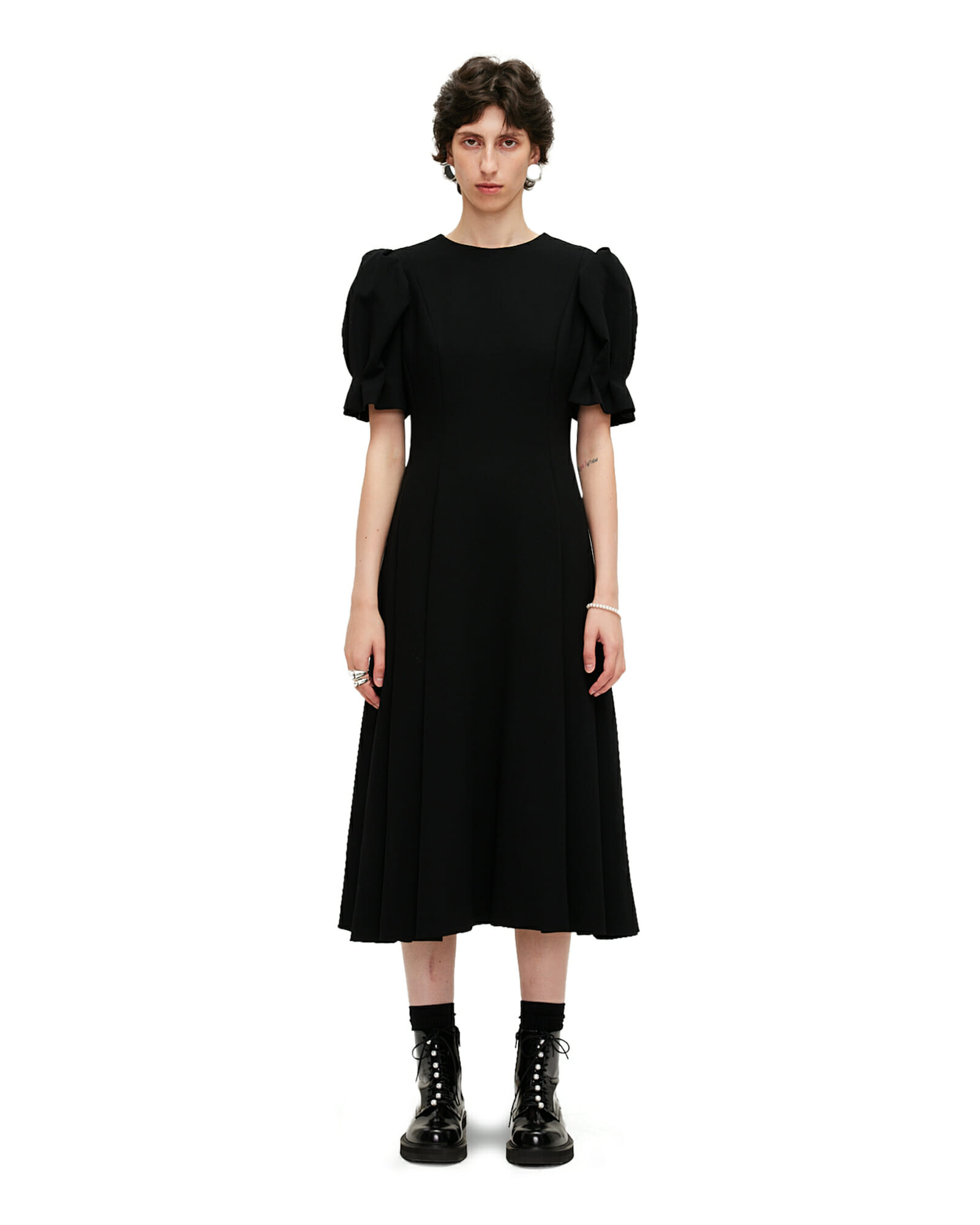 Puff Short Sleeve Wool Midi Dress (Black) - Kimhekim
